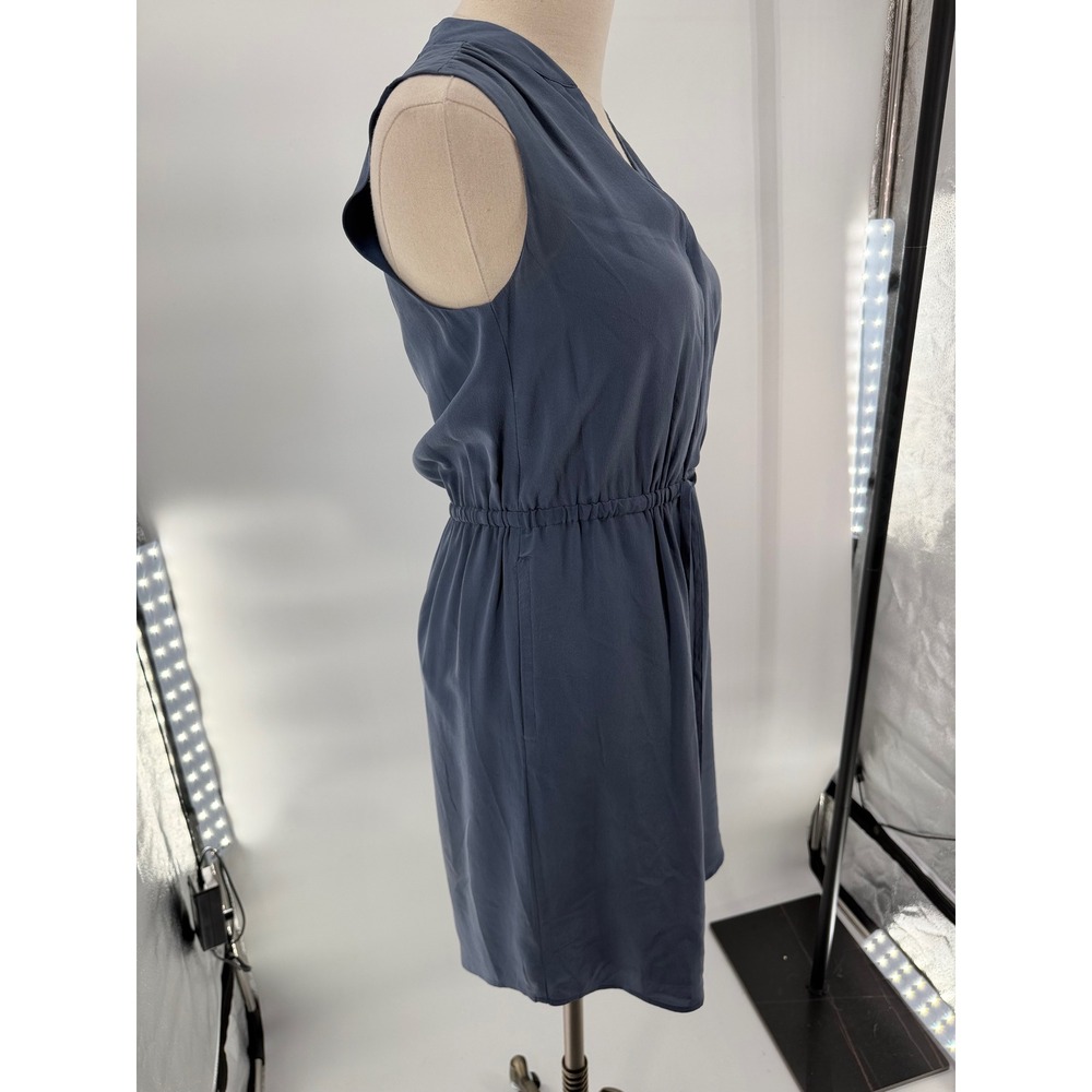 cynthis rowley 100% silk dress 2 slate blue v-neck tie waist pockets sleeveless - Picture 3 of 8